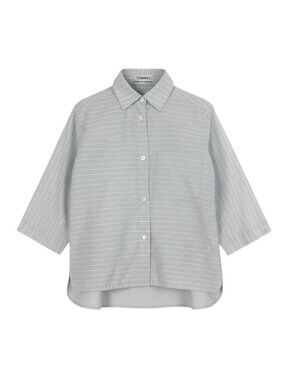 Chanel SS Identification 3/4 Sleeve Shirt Logo Border Pattern Light Gray White